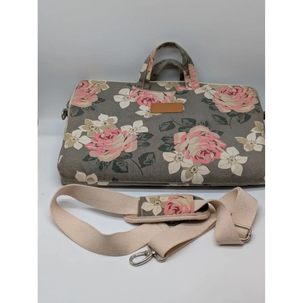 Canvaslife Floral Laptop Bag 16x12 Gray Pink Rose Canvas Shoulder Briefcase